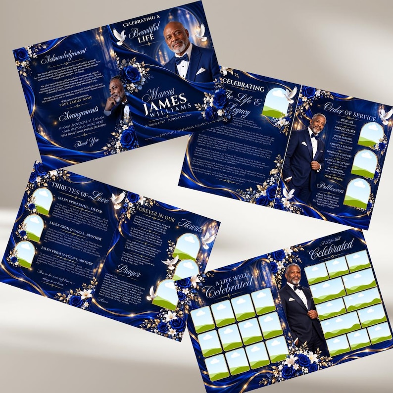 Blue & Gold Roses Funeral Program Template: Celebration of Life (canva ...