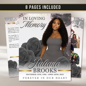 May include: A memorial card design featuring a woman in a gray dress, surrounded by gray roses. The text reads "In Loving Memory" and includes the name "Juliana Brooks" with dates. The words "Forever in Our Heart" are also present.