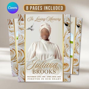 White Gold Funeral Program Template: 8-Page Memorial Program