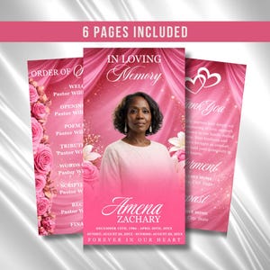 May include: A memorial service program with a pink and white design. The program includes the text "In Loving Memory" and features a photo of a woman. The program also includes the text "Forever in Our Heart."