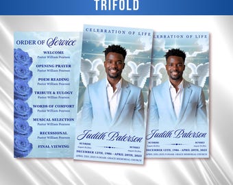 Light Blue Clouds Funeral Program: Trifold Memorial Template (17x11 Canva Template)load)