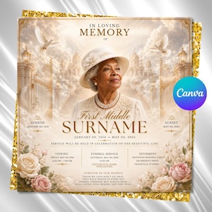 May include: A funeral program template featuring a portrait of an older person in a hat and pearls, surrounded by golden gates, clouds, and white doves. Text includes IN LOVING MEMORY, FIRST MIDDLE SURNAME, dates, and service details.