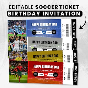 編集可能なサッカーチケットテンプレート、カスタマイズ可能な試合日、誕生日、パーティーチケット | Canva Printable Digital
