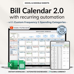 Puede incluir: Un portátil y una tableta muestran un calendario de facturas con funciones de automatización recurrentes. La pantalla muestra un diseño de calendario mensual con categorías de gastos y un calendario de pagos. El texto "Bill Calendar 2.0" es visible.