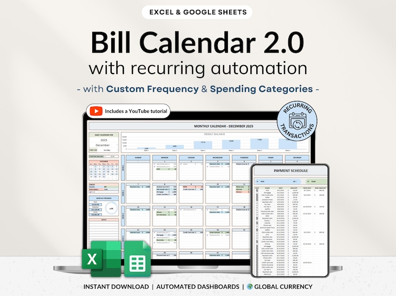 Bill Calendar 2026 digital template for Google Sheets and Excel. Track monthly bills, recurring payments, and personal finances. Editable, simple to use, includes payment tracker and finance organizer. Perfect for staying on top of bills and avoiding late fees.