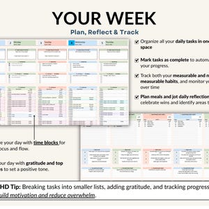 Weekly planner spreadsheet for Excel and Google Sheets to plan your week, organize tasks, track habits, and manage your schedule. Includes weekly time blocking, daily task tracker, to-do list, and productivity planner to stay focused and organized. Perfect for ADHD routines, planning deadlines, building habits, and creating productive weekly schedules in an easy editable planner template.