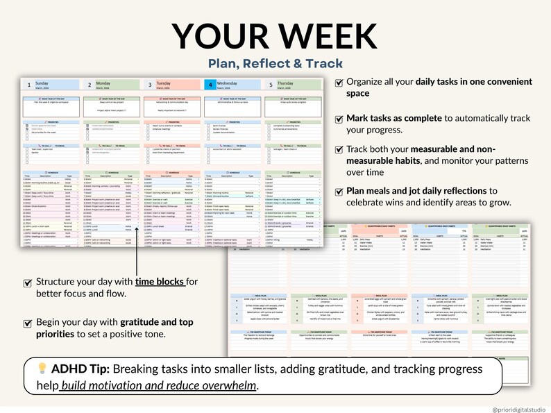 Weekly planner spreadsheet for Excel and Google Sheets to plan your week, organize tasks, track habits, and manage your schedule. Includes weekly time blocking, daily task tracker, to-do list, and productivity planner to stay focused and organized. Perfect for ADHD routines, planning deadlines, building habits, and creating productive weekly schedules in an easy editable planner template.