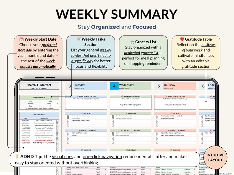 Weekly planner spreadsheet for Excel and Google Sheets to plan your week, organize tasks, track habits, and manage your schedule. Includes weekly time blocking, daily task tracker, to-do list, and productivity planner to stay focused and organized. Perfect for ADHD routines, planning deadlines, building habits, and creating productive weekly schedules in an easy editable planner template.