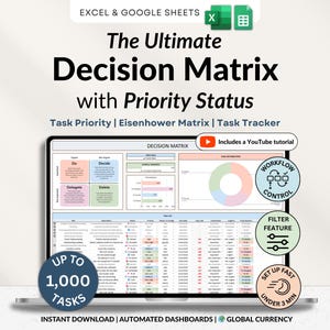 May include: A laptop screen displays a decision matrix with the text "The Ultimate Decision Matrix with Priority Status." The image includes charts, graphs, and the text "Up to 1,000 Tasks." Additional text includes "Instant Download" and "Automated Dashboards."