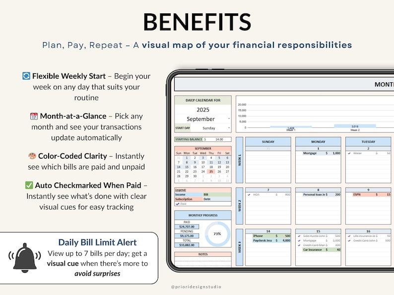 Bill Calendar 2026 digital template for Google Sheets and Excel. Track monthly bills, recurring payments, and personal finances. Editable, simple to use, includes payment tracker and finance organizer. Perfect for staying on top of bills and avoiding late fees.