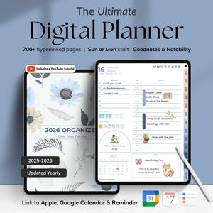 May include: Digital planner with the text "The Ultimate Digital Planner". The planner includes 700+ hyperlinked pages, a YouTube tutorial, and is compatible with Goodnotes & Notability. The planner is for 2025-2026 and is updated yearly.
