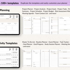 Digital planner templates for project planning and productivity. Includes project workflow diagrams, goal progress trackers, and more. The image shows a tablet with a project workflow diagram and a goal progress chart.