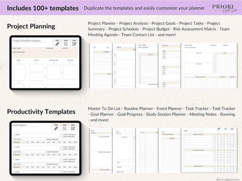 Digital planner templates for project planning and productivity. Includes project workflow diagrams, goal progress trackers, and more. The image shows a tablet with a project workflow diagram and a goal progress chart.