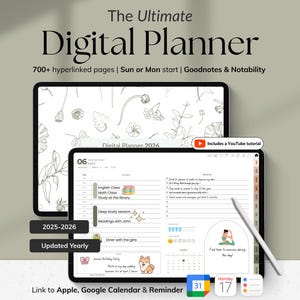May include: Two digital tablets showcasing a digital planner interface. The text reads "The Ultimate Digital Planner" with features like 700+ hyperlinked pages and a YouTube tutorial. The planner includes a calendar and a stylus.