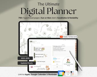 Puede incluir: Dos tabletas digitales que muestran una interfaz de planificador digital. El texto dice "The Ultimate Digital Planner" con características como más de 700 páginas con hipervínculos y un tutorial de YouTube. El planificador incluye un calendario y un lápiz óptico.