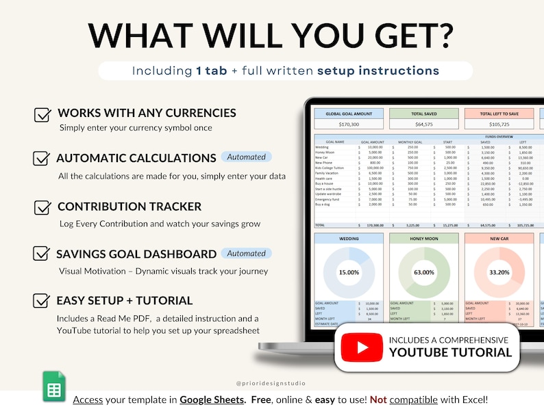 Track your savings effortlessly with this Google Sheets Savings Tracker and Sinking Funds Planner. Perfect for setting monthly savings goals, managing personal finances, and organizing your budget. This easy-to-use spreadsheet helps you monitor your progress, plan your finances, and achieve your money goals efficiently. Ideal for anyone looking to improve savings habits and financial health.