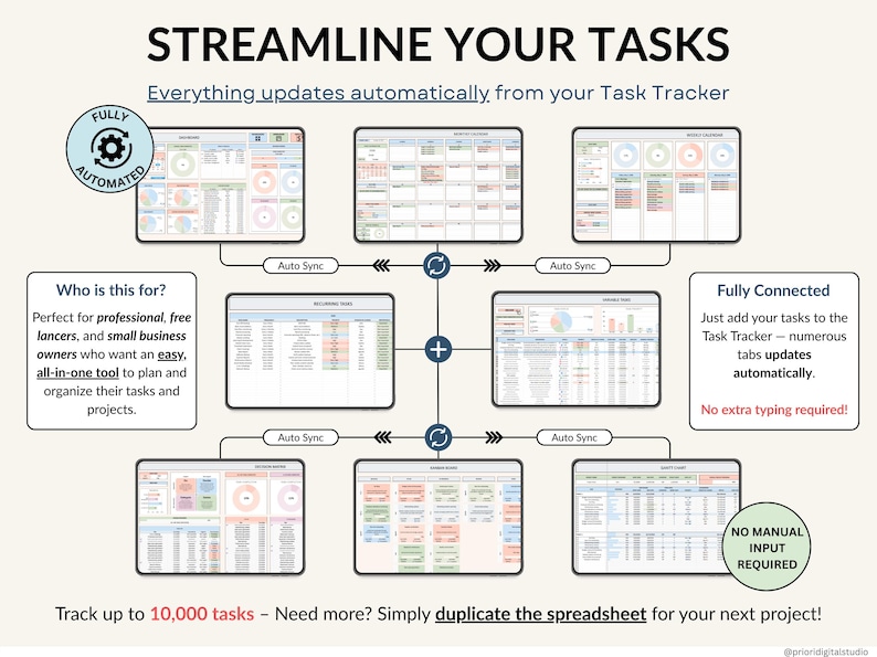 task tracker spreadsheet for Google Sheets digital to-do list and task manager template Excel daily planner for work and projects Google Sheets productivity dashboard team task tracker with priority labels project management spreadsheet for teams all-in-one task planning Google Sheet 
recurring task planner in Google Sheets weekly and monthly task overview template visual kanban board in spreadsheet format smart task tracker for personal planning Google Sheets planner with decision matrix