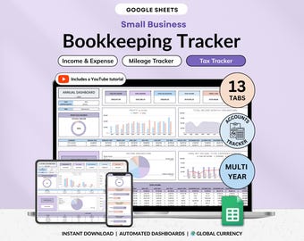 Bookkeeping Spreadsheet for Small Business Income Expense Tracker Tax Planner Accounting Tracker Mileage Log Financial Planner Template