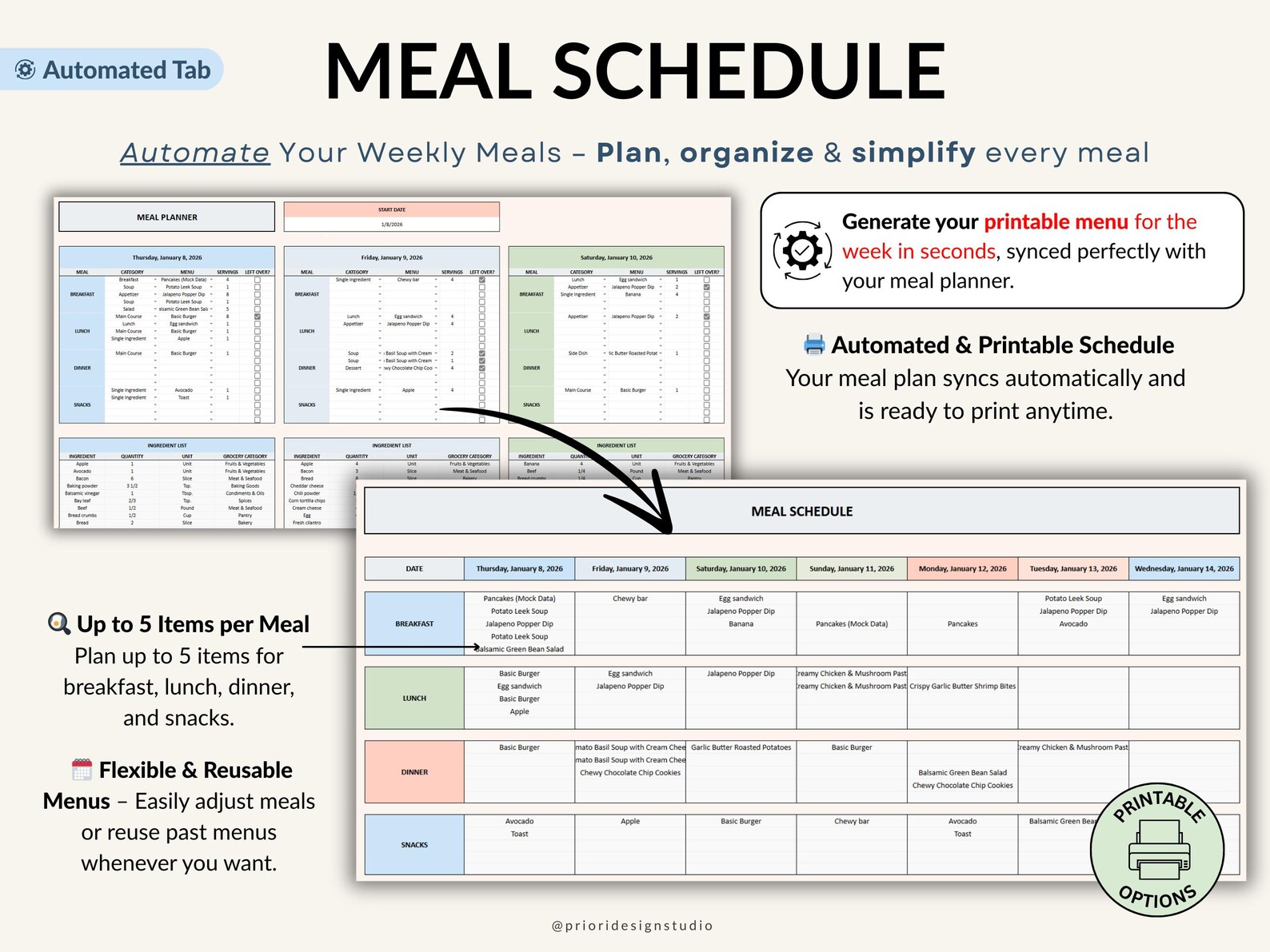 Weekly Meal Planner Google Sheets Spreadsheet Automatic Grocery List ...