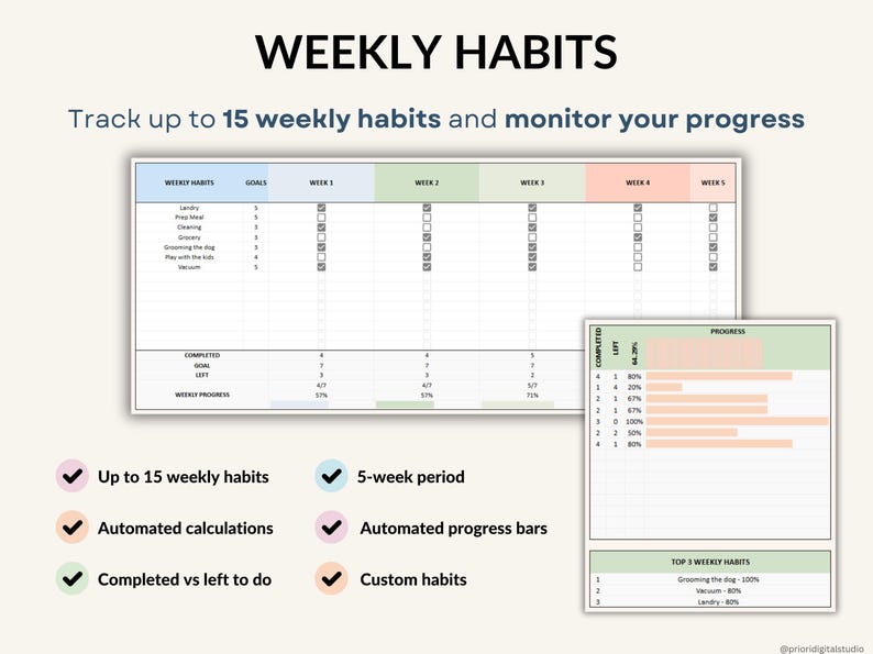Habit Tracker Spreadsheet Google Sheets Excel Daily Habit Planner ...