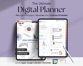 Op de afbeelding: Digitale planner op een tablet met een witte stylus. Het scherm toont een dagschema met de datum 24 juni. De planner bevat een YouTube-tutorial en wordt jaarlijks bijgewerkt voor 2025-2026. De tekst luidt "The Ultimate Digital Planner".