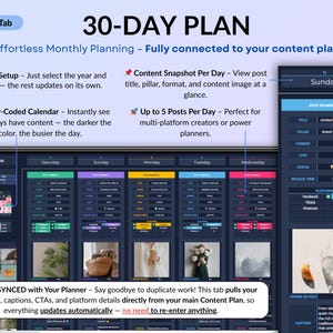 Dark mode social media planner spreadsheet featuring a monthly and weekly content calendar for digital creators. All-in-one content planner with brand identity setup, goals, dashboards, content planning, post scheduling, task tracking, hashtag strategy, influencer collaborations, and performance analytics. Designed for Instagram and TikTok content planning in Google Sheets and Excel.