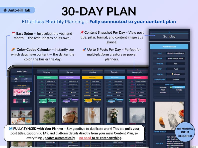 Dark mode social media planner spreadsheet featuring a monthly and weekly content calendar for digital creators. All-in-one content planner with brand identity setup, goals, dashboards, content planning, post scheduling, task tracking, hashtag strategy, influencer collaborations, and performance analytics. Designed for Instagram and TikTok content planning in Google Sheets and Excel.