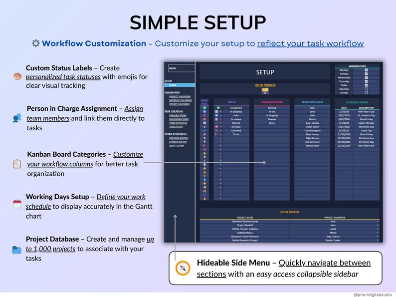 Dark mode project and task management spreadsheet for Google Sheets and Excel, featuring a Gantt chart, Kanban board, task scheduler, and smart filters. Easily manage multiple projects with recurring and one-time tasks, automated dashboards, and monthly and weekly calendar views. Includes a decision matrix, structured task tracking system, and built-in productivity planner. A powerful yet easy-to-use project management template designed to keep you organized and maximize productivity.