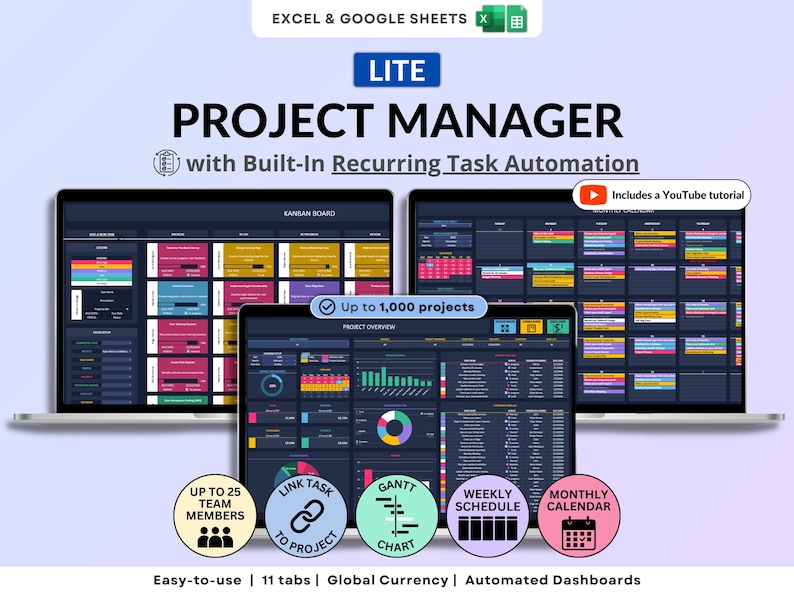 Dark mode project and task management spreadsheet for Google Sheets and Excel, featuring a Gantt chart, Kanban board, task scheduler, and smart filters. Easily manage multiple projects with recurring and one-time tasks, automated dashboards, and monthly and weekly calendar views. Includes a decision matrix, structured task tracking system, and built-in productivity planner. A powerful yet easy-to-use project management template designed to keep you organized and maximize productivity.