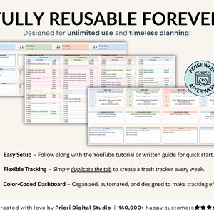 Weekly planner spreadsheet for Excel and Google Sheets to plan your week, organize tasks, track habits, and manage your schedule. Includes weekly time blocking, daily task tracker, to-do list, and productivity planner to stay focused and organized. Perfect for ADHD routines, planning deadlines, building habits, and creating productive weekly schedules in an easy editable planner template.