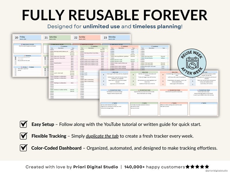 Weekly planner spreadsheet for Excel and Google Sheets to plan your week, organize tasks, track habits, and manage your schedule. Includes weekly time blocking, daily task tracker, to-do list, and productivity planner to stay focused and organized. Perfect for ADHD routines, planning deadlines, building habits, and creating productive weekly schedules in an easy editable planner template.