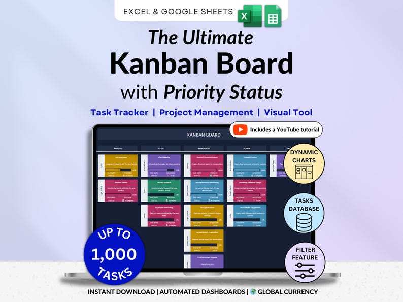 Kanban Board Spreadsheet Task Tracker Excel Project Management Planner ...