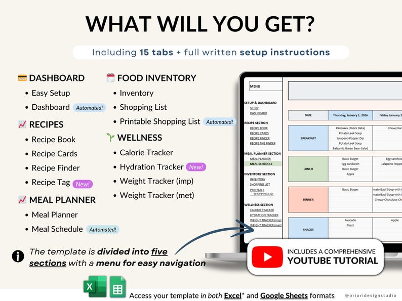 Weekly Meal Planner Google Sheets Spreadsheet Automatic Grocery List ...