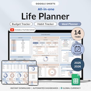 Digital Life Planner Google Sheets Meal Planner Savings Tracker Budget Tracker To Do List Habit Tracker Productivity Goal Organizer Template