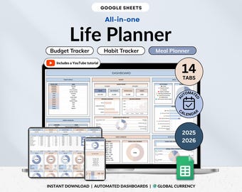 Digital Life Planner Google Sheets Meal Planner Savings Tracker Budget Tracker To Do List Habit Tracker Productivity Goal Organizer Template