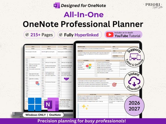 OneNote Planner 2026 2027 Professional One Note Template for Work Project Management Hyperlinked Planner Weekly Planner Organization Planner