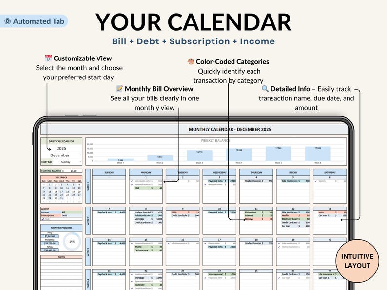 Bill Calendar 2026 digital template for Google Sheets and Excel. Track monthly bills, recurring payments, and personal finances. Editable, simple to use, includes payment tracker and finance organizer. Perfect for staying on top of bills and avoiding late fees.