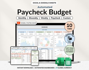 May include: A digital financial planning tool displayed on a laptop, tablet, and smartphone. The screen shows a paycheck budget with charts and tables. Text includes "Automated Paycheck Budget," "Monthly," "Biweekly," and "Includes a YouTube tutorial."