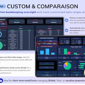 Airbnb Tracker spreadsheet for vacation rentals and short-term rental property management in dark mode. Track income, expenses, profits, occupancy, ADR, and cancellations for up to 50 properties. Includes landlord spreadsheet tools, rental bookkeeping, rental ledger, booking calendar, property dashboard, unit stats, and monthly, annual, 5-year, comparison, and custom dashboards. Ideal for multi property owners and real estate finance tracking.