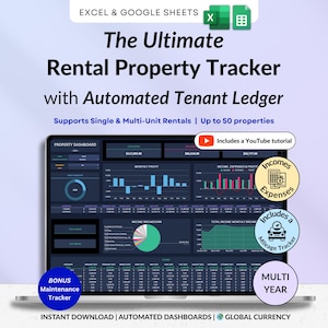 May include: A laptop screen shows a rental property tracker with an automated tenant ledger. It supports single and multi-unit rentals, up to 50 properties. Features include income and expense tracking, and a mileage tracker. The software is an instant download.