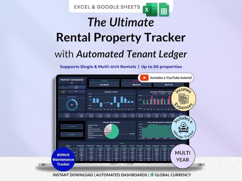 Rental Property Tracker spreadsheet for landlords managing multi property and long-term rental portfolios in dark mode. Track income and expense, profit, mileage, maintenance and rent payments for up to 50 properties over multiple years. Includes automated tenant ledger sheet, lease tracker, booking calendar, and dashboards for property analysis with monthly, annual and 5-year reports. All-in-one rental bookkeeping and real estate finances template to monitor cash flow and performance.
