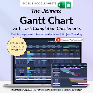 May include: A laptop and tablet display a Gantt chart with task completion checkmarks. The image includes the text "The Ultimate Gantt Chart" and "Track 200+ Tasks Over 52 Weeks." The chart is for task management, resource allocation, and project tracking.