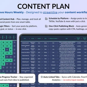 Dark mode social media planner spreadsheet featuring a monthly and weekly content calendar for digital creators. All-in-one content planner with brand identity setup, goals, dashboards, content planning, post scheduling, task tracking, hashtag strategy, influencer collaborations, and performance analytics. Designed for Instagram and TikTok content planning in Google Sheets and Excel.