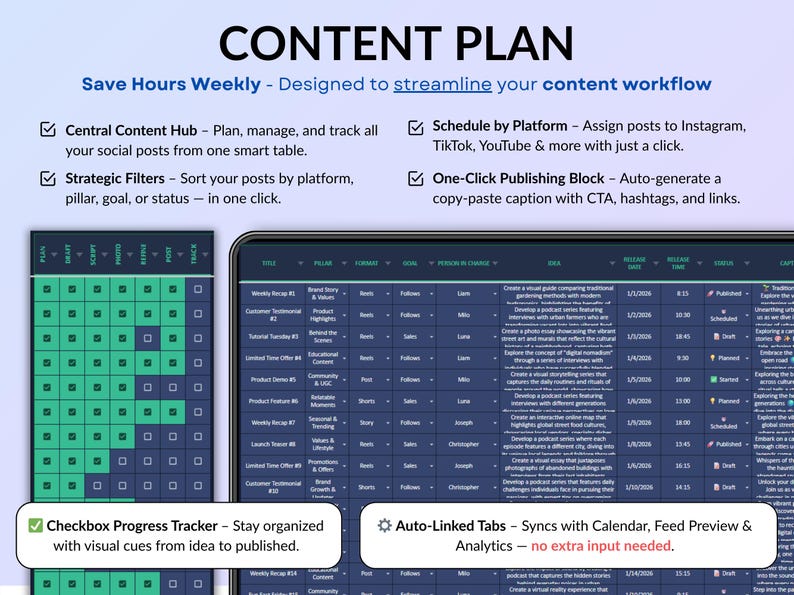 Dark mode social media planner spreadsheet featuring a monthly and weekly content calendar for digital creators. All-in-one content planner with brand identity setup, goals, dashboards, content planning, post scheduling, task tracking, hashtag strategy, influencer collaborations, and performance analytics. Designed for Instagram and TikTok content planning in Google Sheets and Excel.
