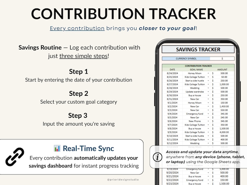 Track your savings effortlessly with this Google Sheets Savings Tracker and Sinking Funds Planner. Perfect for setting monthly savings goals, managing personal finances, and organizing your budget. This easy-to-use spreadsheet helps you monitor your progress, plan your finances, and achieve your money goals efficiently. Ideal for anyone looking to improve savings habits and financial health.