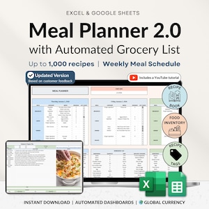 Könnte beinhalten: Ein Laptop und ein Tablet zeigen eine Tabellenkalkulation für einen Essensplaner. Der Text "Meal Planner 2.0 with Automated Grocery List" wird angezeigt. Zusätzlicher Text enthält "Up to 1,000 recipes | Weekly Meal Schedule" und "Updated Version". Symbole für Kochbuch, Lebensmittelvorrat und Rezept-Tags sind ebenfalls sichtbar.