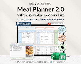 Weekly Meal Planner Google Sheets Spreadsheet Automatic Grocery List Excel Recipe Journal Calorie Tracker Weight Loss Tracker Food Inventory