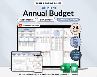 May include: A digital annual budget template displayed on a laptop, tablet, and smartphone. The image includes the text "Annual Budget," "Debt Tracker," "Bill Calendar," and "12 Monthly Budgets." Additional features include 24 tabs, credit card tracking, and a YouTube tutorial.