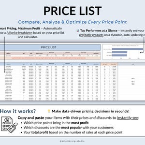 Digital Pricing Calculator template for Google Sheets and Excel. Track product costs, material inventory, and calculate prices automatically. Includes price list, simple setup, and automated calculations to help small business owners and creators set profitable prices and manage their pricing efficiently.