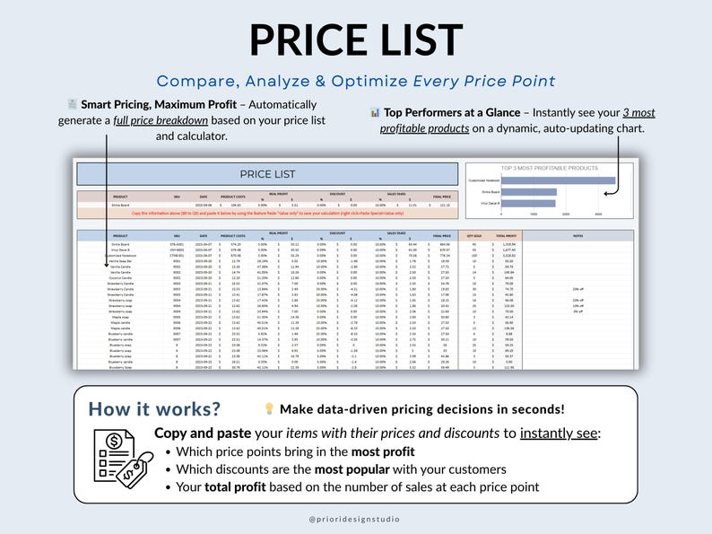 Digital Pricing Calculator template for Google Sheets and Excel. Track product costs, material inventory, and calculate prices automatically. Includes price list, simple setup, and automated calculations to help small business owners and creators set profitable prices and manage their pricing efficiently.